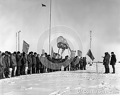 The celebration of May 1 on the drifting polar station NP-22. Editorial Stock Photo